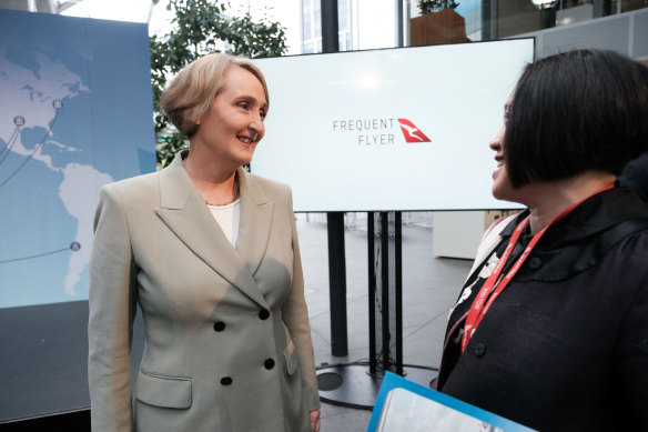 Qantas CEO Vanessa Hudson meets frequent flyer members at a press conference to announce the Classic Plus loyalty program.