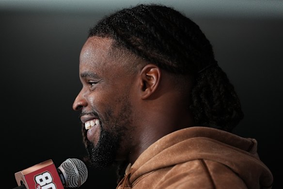 San Francisco 49ers linebacker Dre Greenlaw speaks to the media on Tuesday.