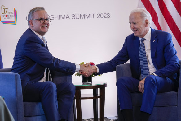 It’s a deal: US President Joe Biden and Prime Minister Anthony Albanese on the sidelines of the G7 Summit.