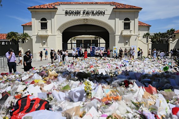 Floral tributes outside the pavilion at Sydney’s Bondi Beach in the days after the attack.