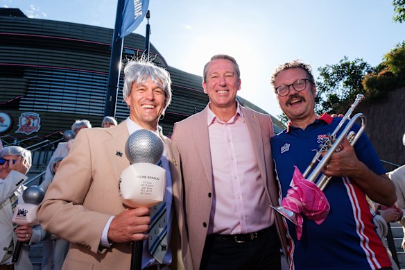 A member of The Richies and the Barmy Army with Glenn McGrath on Sunday.