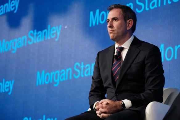 Federal Treasurer Jim Chalmers speaking at the Morgan Stanley conference in Sydney on Wednesday.