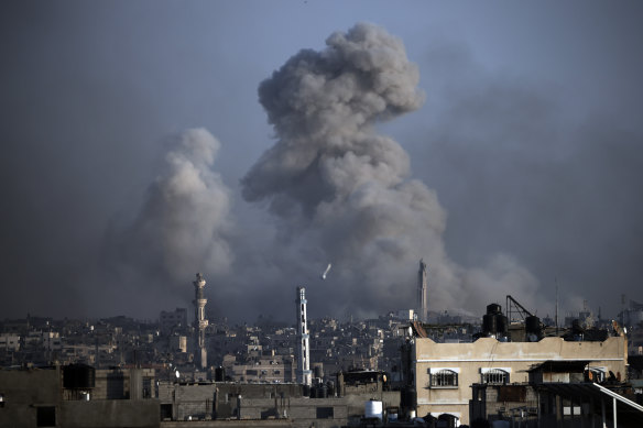 Smoke rises following Israeli bombardments in Khan Younis, southern Gaza Strip.