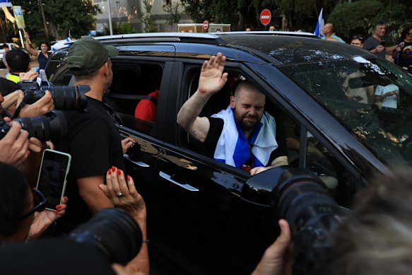 Former hostage Eitan Horn is welcomed home to Kfar Saba in Israel on Wednesday.