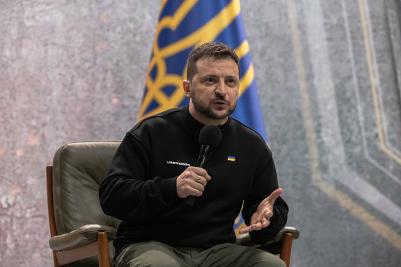 Ukrainian President Volodymyr Zelensky speaks to the media during a press conference as Ukraine marked one year since Russia’s large-scale invasion, on February 24.