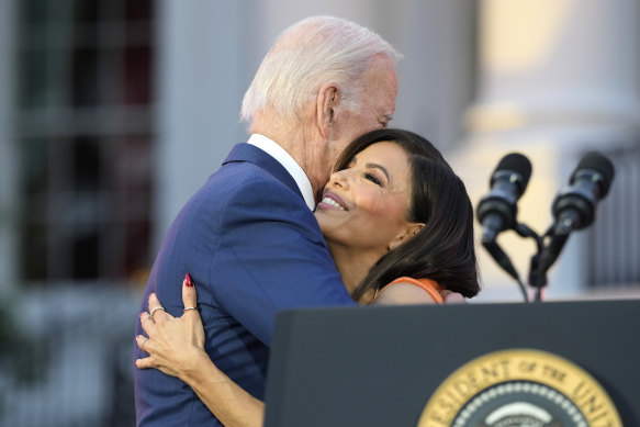 From AUKUS to awkward. Joe Biden hugs Eva Longoria. 