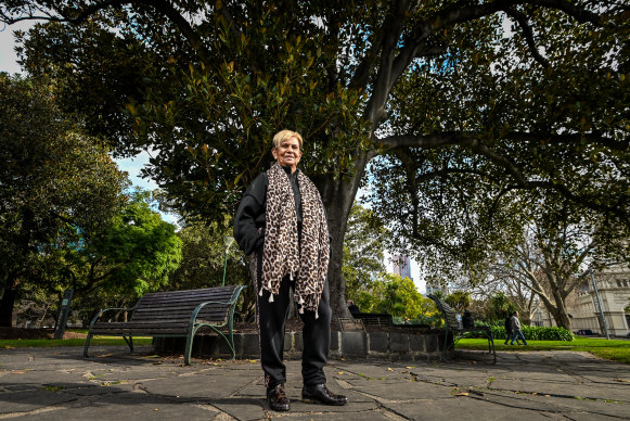 Aunty Pam Pedersen stands in front of the Moreton Bay fig in Carlton Gardens, an important tree for the Aboriginal community.