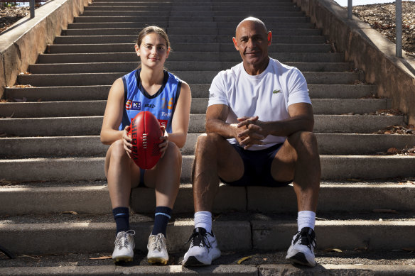 India Rasheed with her dad Roger at Unley Oval. 