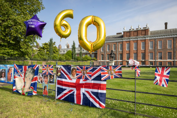 Flags, balloons and messages were left outside Kensington Palace to mark what would have been Diana’s 60th birthday.