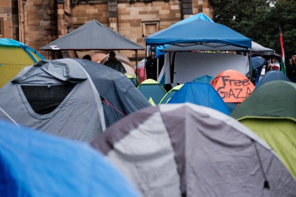 The pro-Palestine protest and encampment at University of Sydney’s quad lawns.