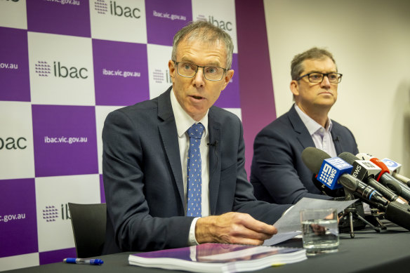 IBAC acting commissioner Stephen Farrow 9left) and deputy commissioner David Wolf during this morning’s press conference. 