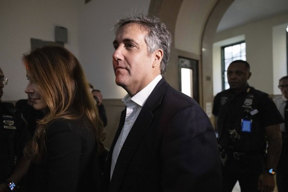 Michael Cohen arrives after a lunch break in former president Donald Trump’s civil business trial.