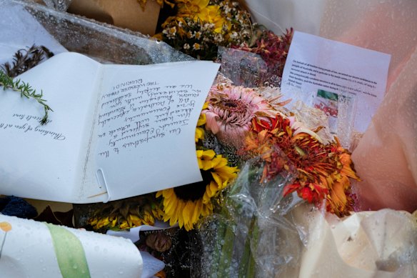 The flower memorial for massacre victims at Bondi Beach.