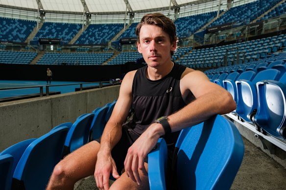 Alex de Minaur at Ken Rosewall Arena in Sydney following a practice session with Rinky Hijikata and Lleyton Hewitt.