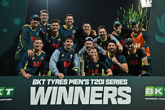 The Australian team celebrate after winning the T20 International series against South Africa.