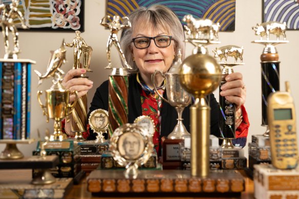 Dr Meredith Bergmann in her Ernie’s “trophy room”. The annual award for sexist comments is ending after 30 years.