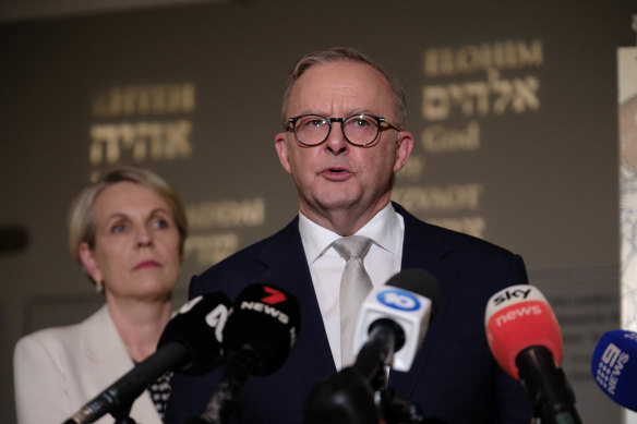 Anthony Albanese addresses media at the Sydney Jewish Museum on Wednesday.