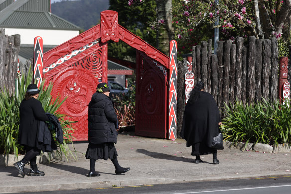 People arrive at the Turangawaewae Marae in Hamilton, New Zealand, to mourn Kiingi Tuheitia Pootatau who died on Friday morning, aged 69, 