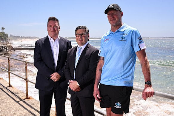 Cronulla coach Craig Fitzgibbon with CEO Dino Mezzatesta and Ocean Protect CEO Michael Wicks (left)