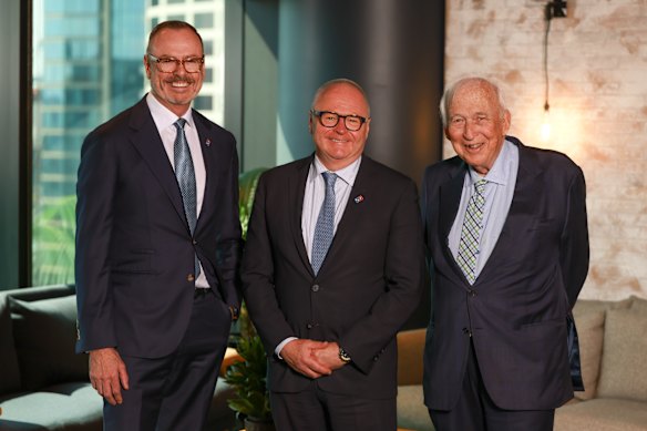 Domino’s CEOs headed for the door: (left) Don Meij, (centre) Mark van Dyck, (right) executive chairman and the company’s largest shareholder Jack Cowin.