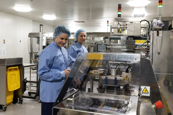 AstraZeneca staff Penny George and Geraldine Murphy at the firm’s Sydney production plant.