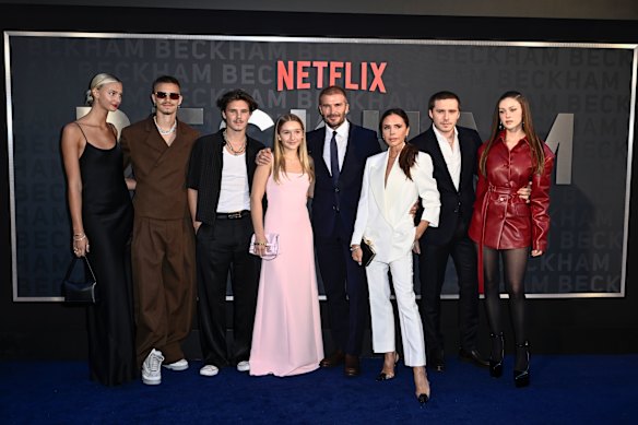 Brooklyn and Nicola (far right) at the premiere of Netflix’s Beckham docuseries in October 2023, though his role in both his father’s docuseries and his mother’s 2025 docuseries were limited.