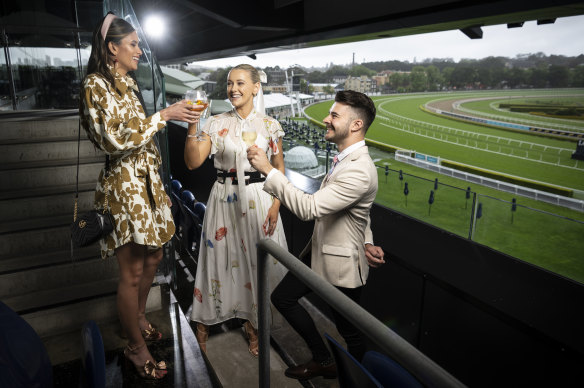 From left: May O’Connell, Chloe Noakes and William Pointon at Randwick on the eve of the 2022 Everest carnival.