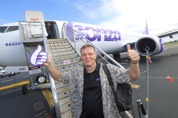 Bonza CEO Tim Jordan disembarks its first flight earlier this year.