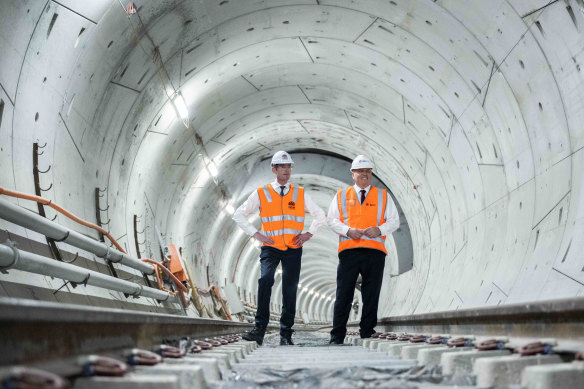 Premier Dominic Perrottet and Transport Minister David Elliott tour the City and Southwest tunnels in February.