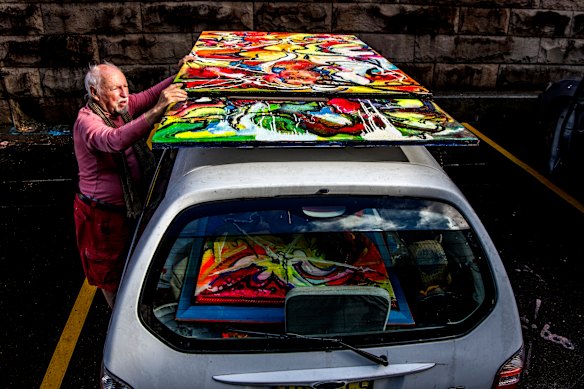 Richard Cutler with his Archibald, Wynne and Sulman Prize entries.