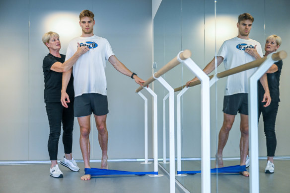 Australian ballet physio Sue Mayes with St Kilda footballer Mason Wood. 