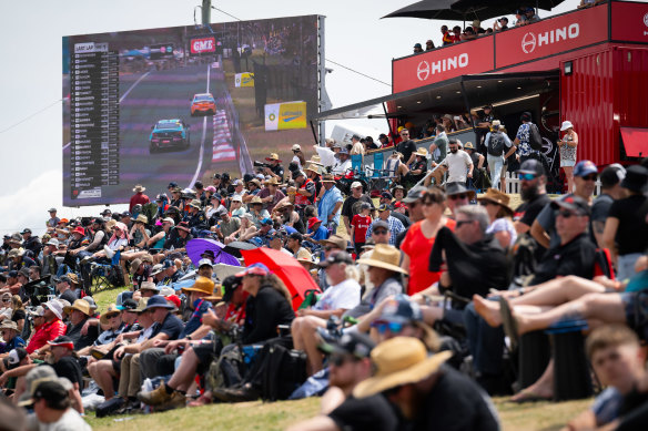 Spectators gather on Mount Panorama on Friday.