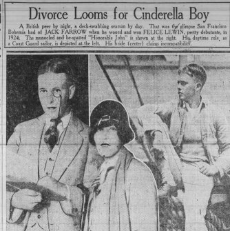A report with the headline “Divoce looms for Cinderella Boy” about two different sides of John Farrow in The Oakland Tribune in 1927.