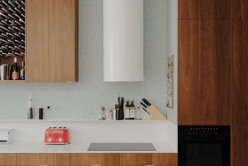 The pale blue terrazzo used - for the kitchen’s splashback, as a plinth for the new staircase and featured in the main bathroom – is a gesture to Carlton’s Italian community that made its presence felt in the 1950s