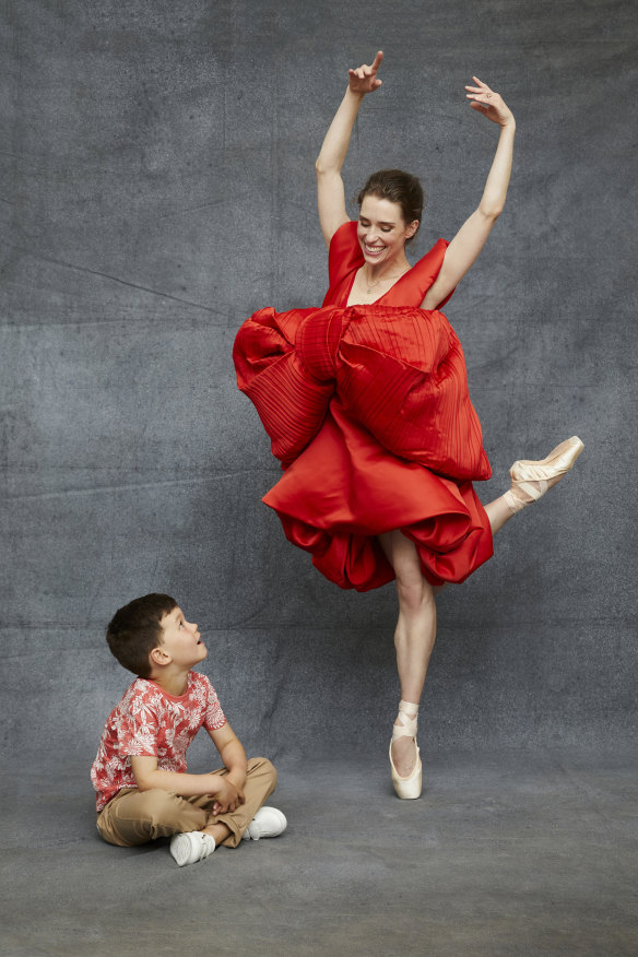 Dana wears Jordan Dalah Studio dress, POA. Jasper wears Country Road T-shirt and pants, Seed Kids shoes. 