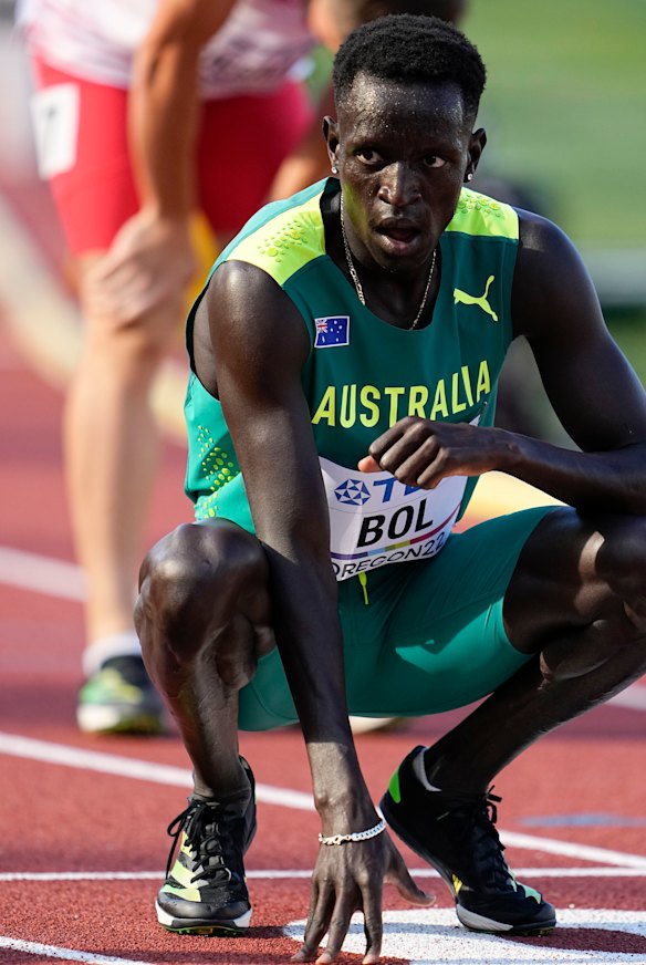 Bol takes a moment after his race at the world Championships in Oregon in 2022.