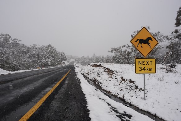 A horse warning sign is seen on the Snowy Mountains Highway, Kosciuszko National Park, NSW, on Saturday, June 16, 2018.