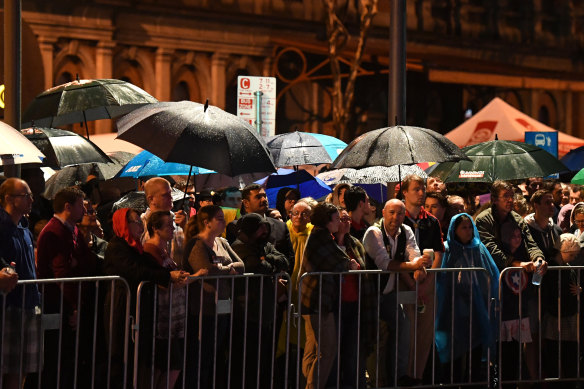 Crowds are seen during Anzac Day commemorations.
