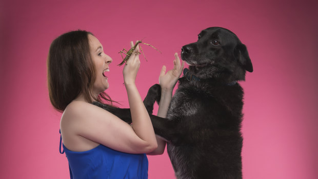 'I love working with animals': Emma Malik, pictured with her dog, Dukdik, and stick insect, Susan, will present a rare Melbourne International Comedy Festival act with animals.