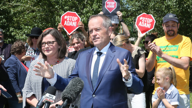 Anti-Adani protesters at Bill Shorten's announcement of Ged Kearney as the Labor candidate for Batman.