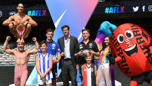 What a circus:  Various performers at the launch of the AFLX competition.