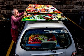 Richard Cutler with his Archibald, Wynne and Sulman Prize entries.