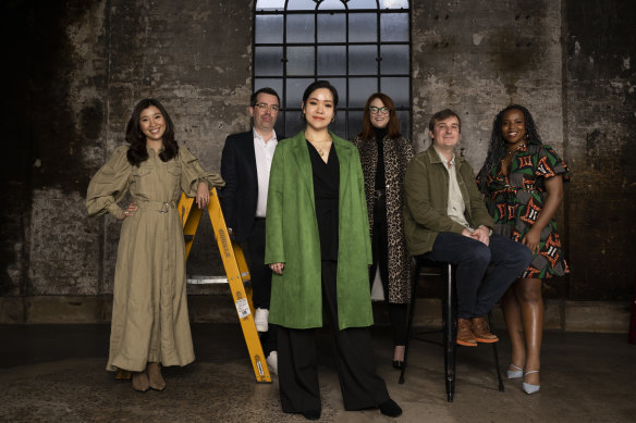 Young art collectors Beverley Ng and Ash Hopper, Claire Vis-Le, Lindsay Clement-Meehan, Tom Eager and Livoi Wendo at Carriageworks ahead of Sydney Contemporary. 