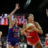 Ally Wilson, centre, during game two of the WNBL Grand Final series between Perth Lynx and Townsville Fire in Perth on Friday.