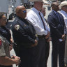 Uvalde School Police Chief Pete Arredondo, third from left, stands during a news conference outside of the Robb Elementary school in Uvalde, Texas on May 26.