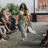 A Ngali dress with print by Lindsay Malay, shown at Country to Couture 2021.