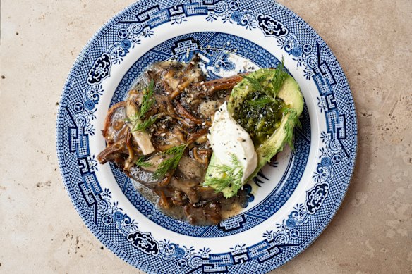 Mushroom and avocado on sourdough with mushroom jus.