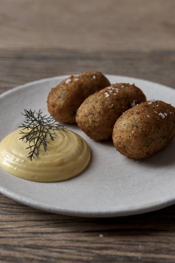 Salted cos croquettes with a saffron emulsion.