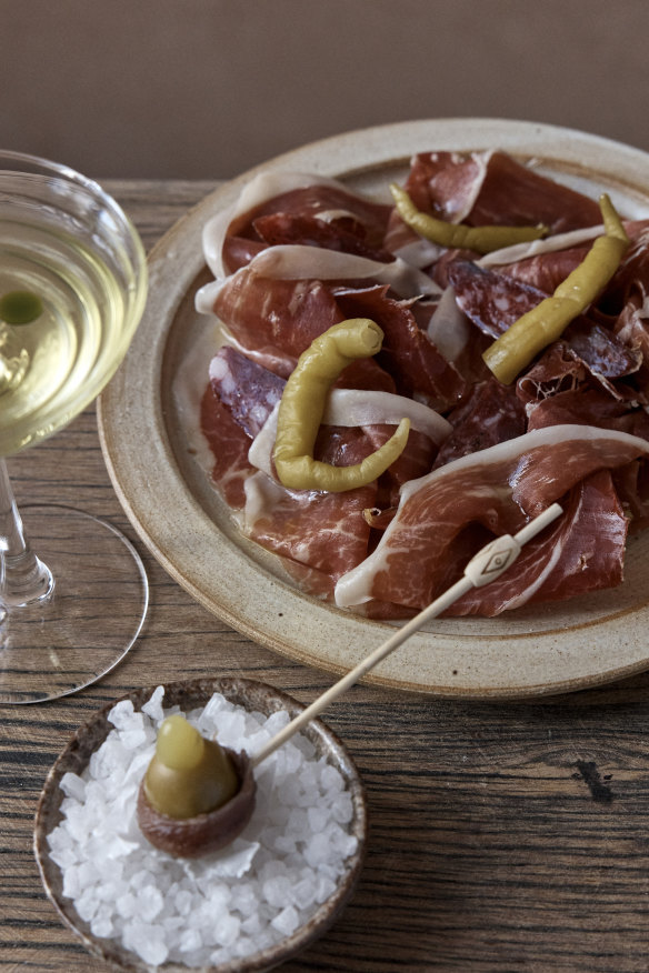 Jamon Iberico, petit bosque and guindillas.