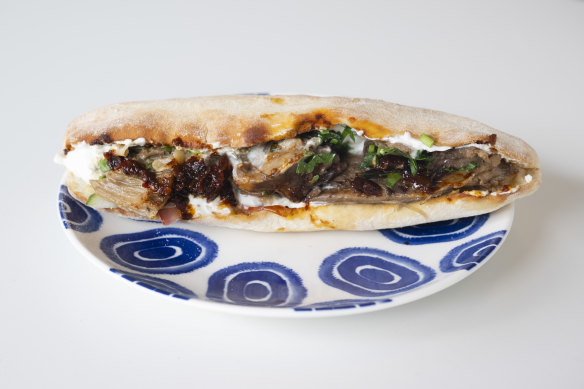 A tasty lamb pita pocket.